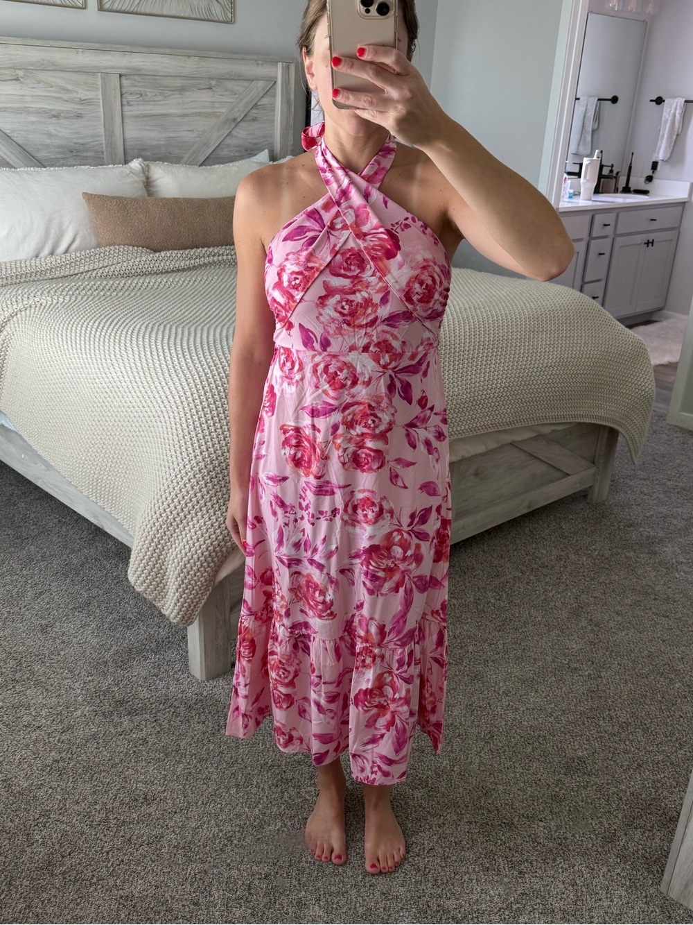 Pink Floral Halter Midi Dress